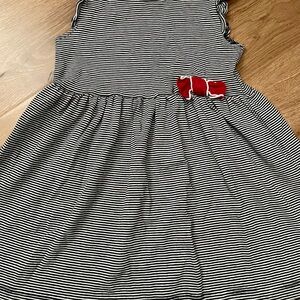 Petit Bateau Striped Blue and White Kids Dress with Red Bow